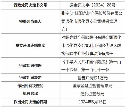 违规操作受罚 阳光产险通化县支公司因虚构保险中介业务被罚7万元